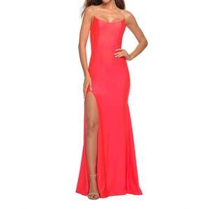 NEW LA FEMME scoopneck jersey prom dress in neon coral